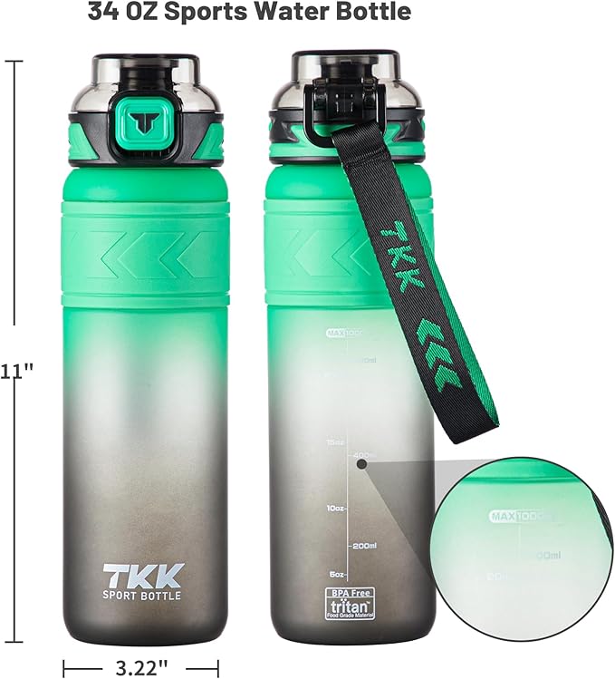 TKK Sports Water Bottles with Removable Straw 34 oz Leak-proof Flip Top Lid BPA Free Tritan Bottles with Strap for School, Fitness, Gym, Outdoor, Green-Black