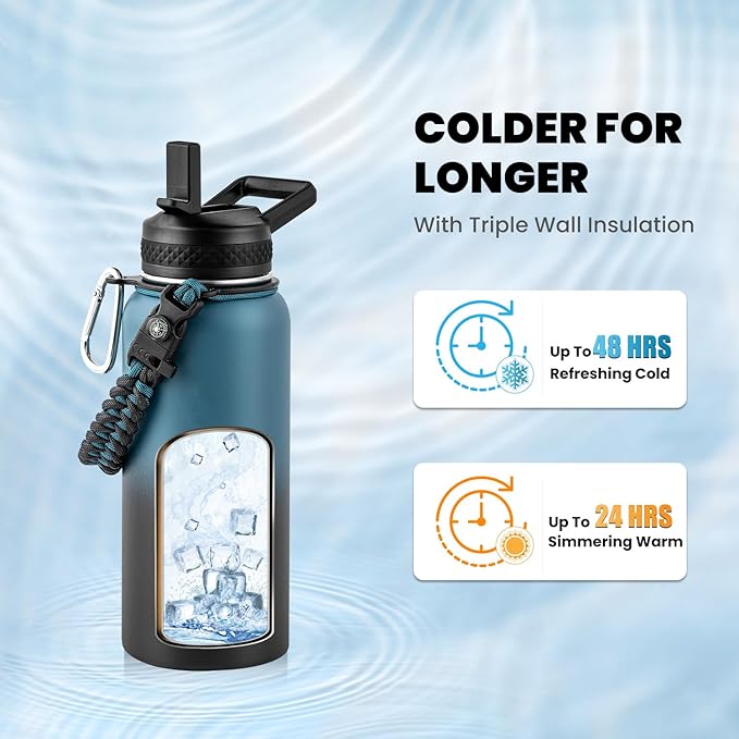 Insulated Water Bottle 32 oz, Triple Wall Vacuum Stainless Steel (Cold for 48 Hrs, Hot for 24Hrs), Leak Proof & Non-BPA, 32oz Hydro Water Flask with Paracord Handle & Straw Spout Lids