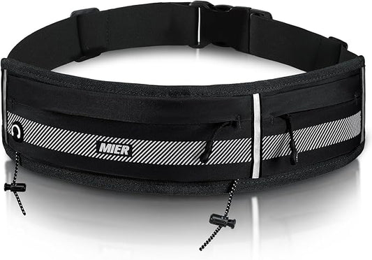 MIER Running Belt for Men Women Slim Fanny Pack Phone Holder Jogging Pouch with Marathon Bib Clip Runner Waist Pack for Walking Cycling for Keys, Cards & Essentials (Black)