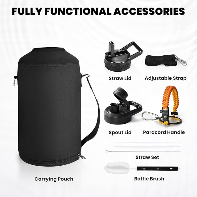 One Gallon Water Bottle Insulated, Triple Walled Vacuum Stainless Steel (Cold for 48 Hrs), Leak Proof & Non-BPA, Large Water Flask Jug with Paracord Handle & Straw Spout Lids
