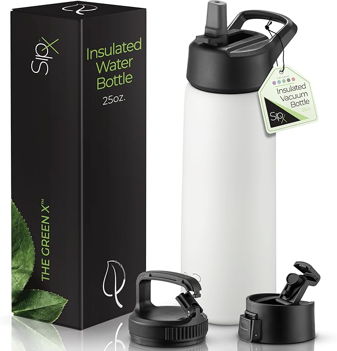 SIPX™ 25 oz Insulated Water Bottle with 3 Lids – Leakproof Stainless Steel, Triple Insulated – Cold 24 Hours/Hot 12 Hours – Durable Bottle for School, Gym, Travel – White