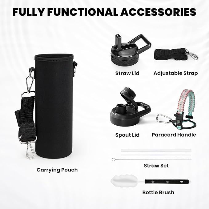 Insulated Water Bottle 24oz, Triple Wall Vacuum Stainless Steel (Cold for 48 Hrs, Hot for 24Hrs), Leak Proof & Non-BPA, 24oz Hydro Water Flask with Paracord Handle & Straw Spout Lids