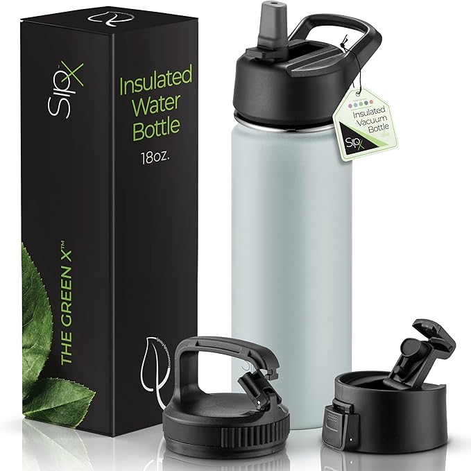 SipX™ 18 oz Insulated Water Bottle with 3 Lids – Leakproof Stainless Steel, Triple Insulated – Cold 24 Hours/Hot 12 Hours – Durable Bottle for School, Gym, Travel – Blue