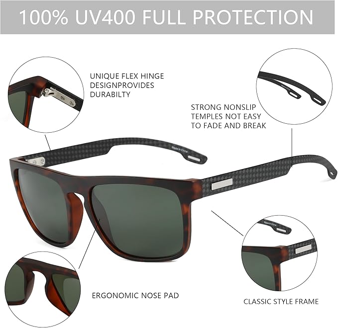 ZENOTTIC Polarized Sunglasses Men Square: Unbreakable TR90 Frame Carbon Fiber Temple UV400 Protection Sun Glasses for Driving