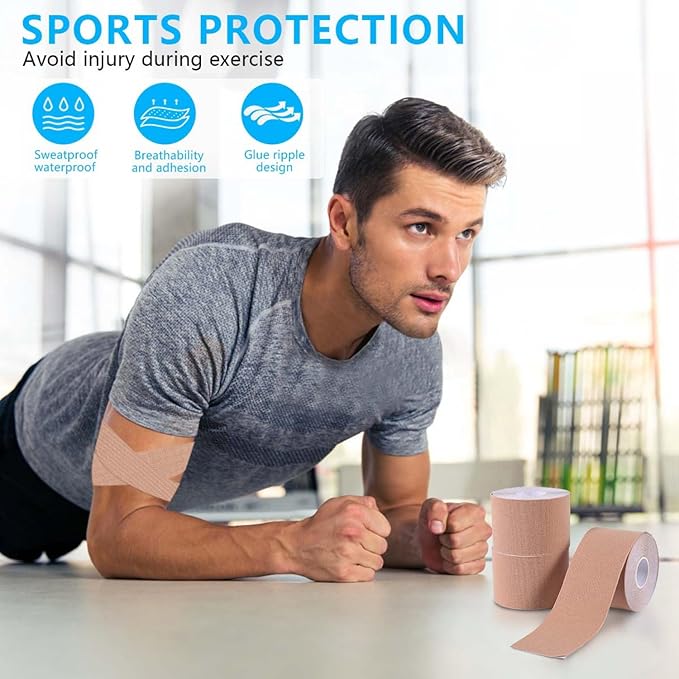 2 Pack Kinesiology Tape, Athletic Tape Supports Protects Muscles, Knees, Shoulders & Plantar Fasciitis, Waterproof & Hypoallergenic Kinesiology Tape (Skin Color)