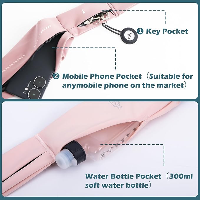 Lsnisni Slim Running Belt for Men and Women, Running Waist Pack with Water Bottle & Towel, Multi Pocket Fanny Pack - Phone Holder, Adjustable for Running, Climbing - Medium - Pink