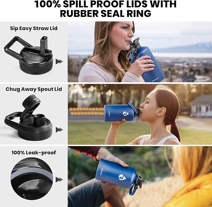 One Gallon Water Bottle Insulated, Triple Walled Vacuum Stainless Steel (Cold for 48 Hrs), Leak Proof & Non-BPA, Large Water Flask Jug with Paracord Handle & Straw Spout Lids