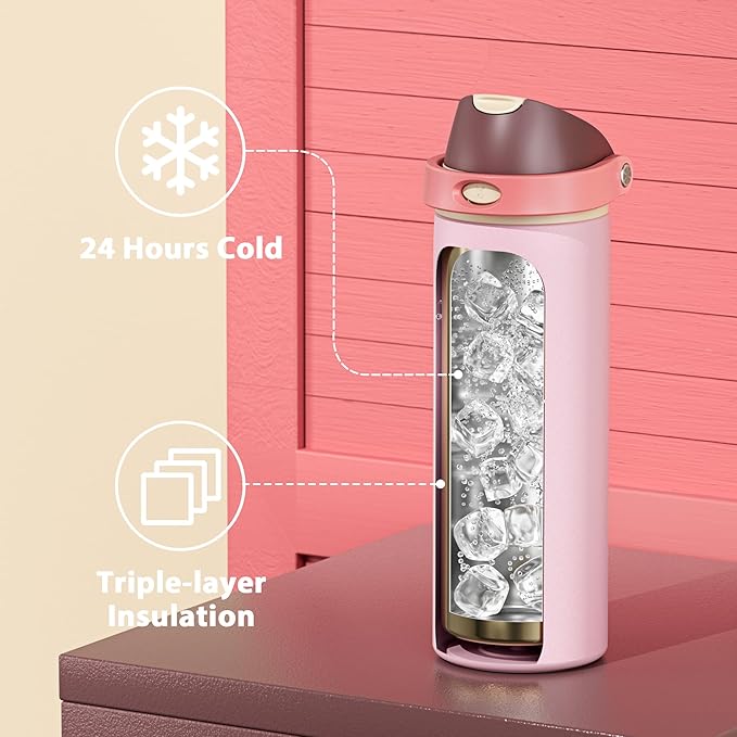 24 oz Insulated Water Bottle for Sports: Meoky Stainless Steel Water Bottle with Straw and Spout Lid - Leak Proof, Cold for 24 Hours, Fits in Car Cup Holder, BPA-Free for Women Travel, Angel Food Cake
