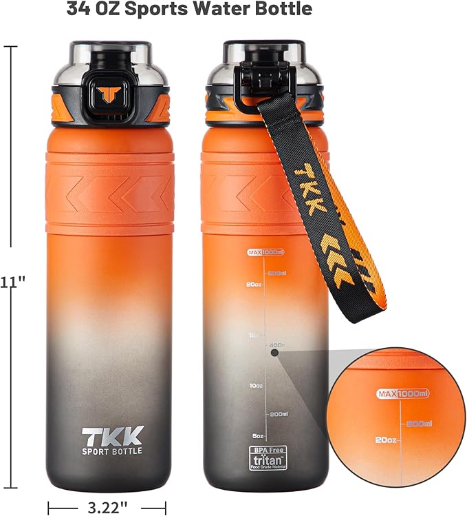 TKK Sports Water Bottles with Removable Straw 34 oz Leak-proof Flip Top Lid BPA Free Tritan Bottles with Strap for School, Fitness, Gym, Outdoor, Orange-Black