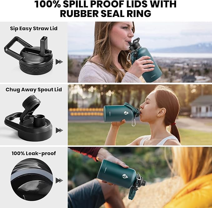 Insulated Water Bottle 64 oz, Triple Wall Vacuum Stainless Steel (Cold for 48 Hrs), Leak Proof & Non-BPA, Half Gallon Water Flask Jug with Paracord Handle & Straw Spout Lids, Dark Green