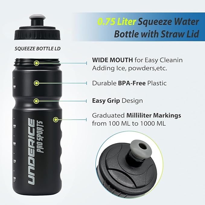 UICE Water Bottle with Straw,25.3oz 2 Pack,Easy Squeeze Bottles Built in Finger Grip,Sport Water Bottles for Hockey,Baseball,Softball,Football,Fitness,.White