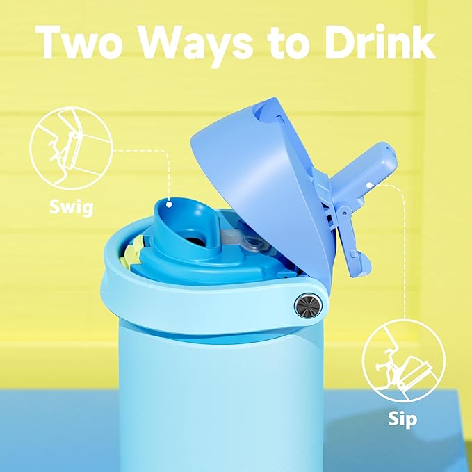 24 oz Insulated Water Bottle for Men: Meoky Stainless Steel Water Bottle with 2-in-1 Straw and Spout Lid - Leak Proof, Cold for 24 Hours, Fits in Car Cup Holder, BPA-Free for Sports Travel, Azure