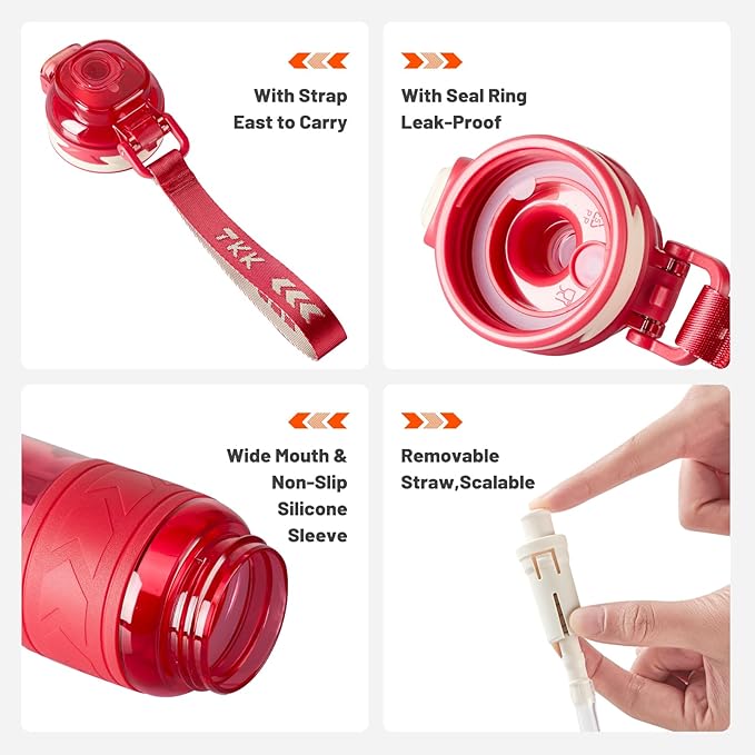 TKK Sports Water Bottles with Removable Straw 34 oz Leak-proof Flip Top Lid BPA Free Tritan Bottles with Strap for School, Fitness, Gym, Outdoor, Red