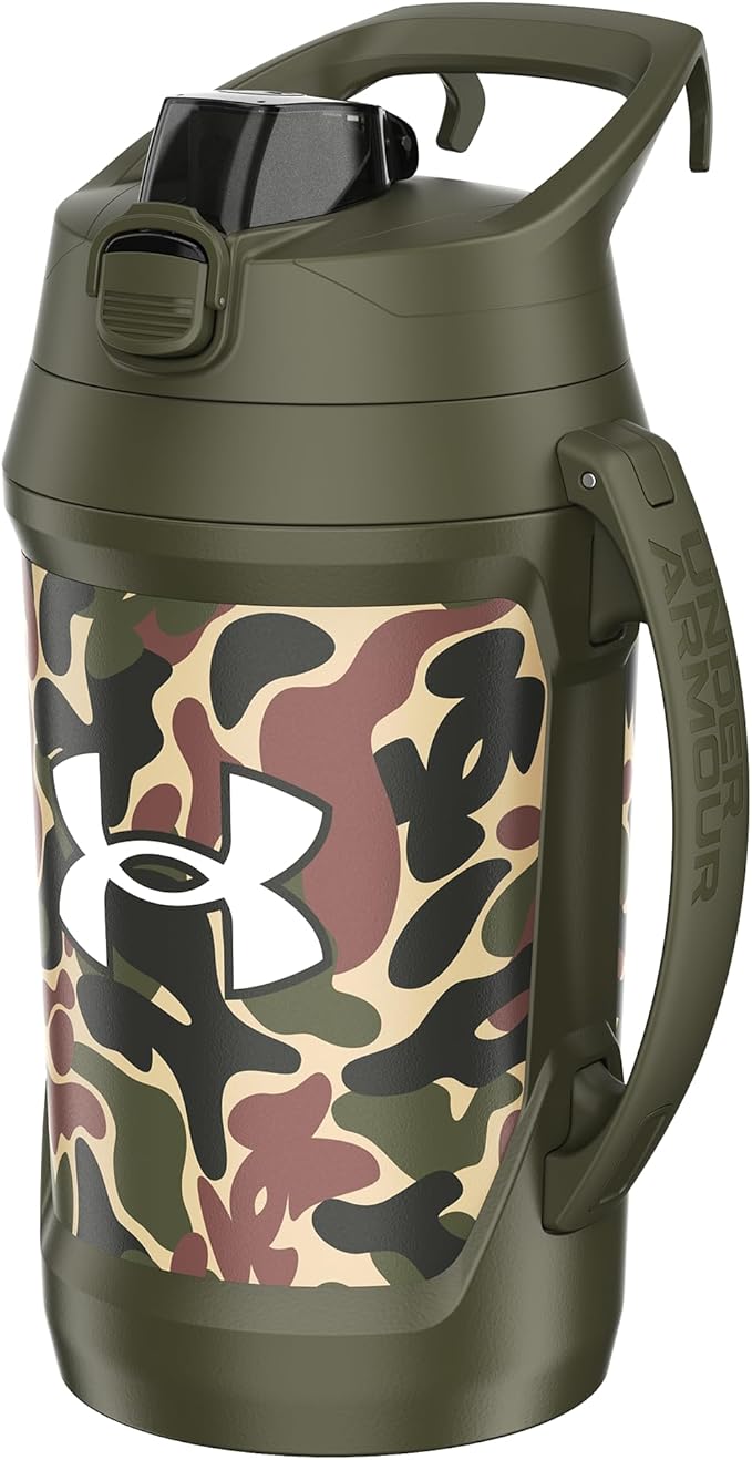 Under Armour Half Gallon Water Bottle Insulated, 64oz Insulated Water Bottle with Handle, Fence Hook, Leak Resistant, for Baseball, Football & More, Green Hyper Camo