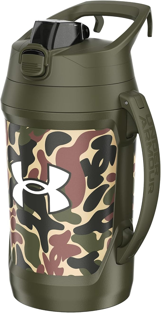 Under Armour Half Gallon Water Bottle Insulated, 64oz Insulated Water Bottle with Handle, Fence Hook, Leak Resistant, for Baseball, Football & More, Green Hyper Camo