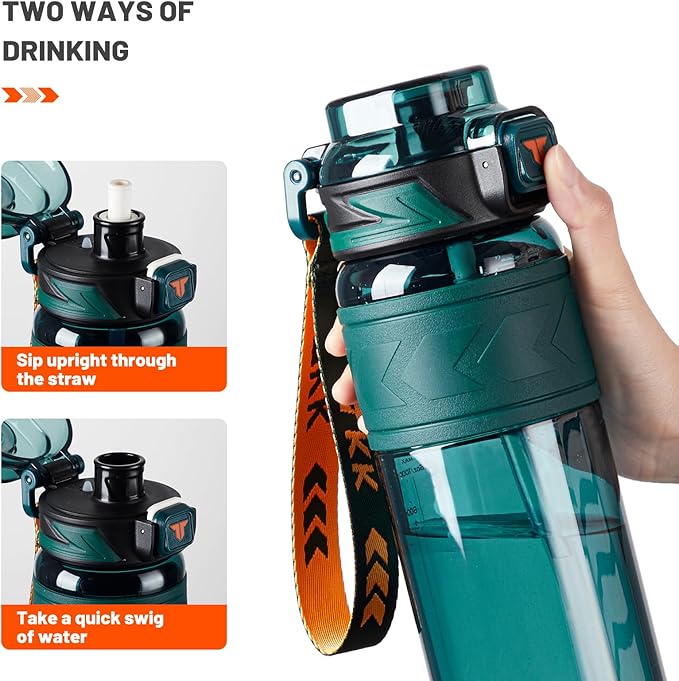 TKK Sports Water Bottles with Removable Straw 34 oz Leak-proof Flip Top Lid BPA Free Tritan Bottles with Strap for School, Fitness, Gym, Outdoor, Green