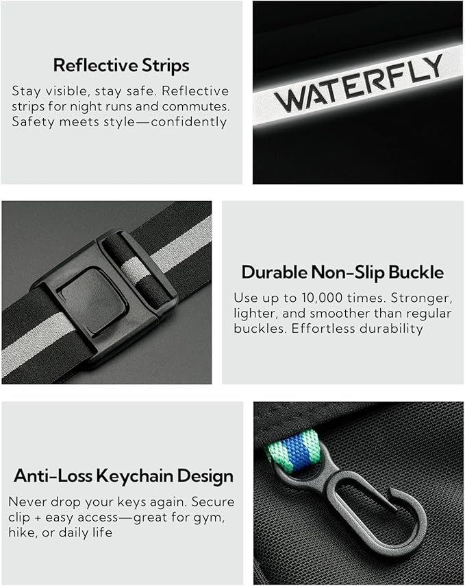 WATERFLY Running Belt Fanny Pack: Slim Breathable 4 Pocket Waist Bag for Men Women Sport Workout Exercise Fitness Phone Holder - Runner Marathon Jogging Waistband Fits ALL Phones Black