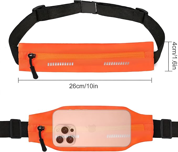 Slim Running Belt For Men and Women Waist Fanny Pack Phone Holder Pouch Bag Reflective Zipper Pocket Workout Cycling Fitness Orange