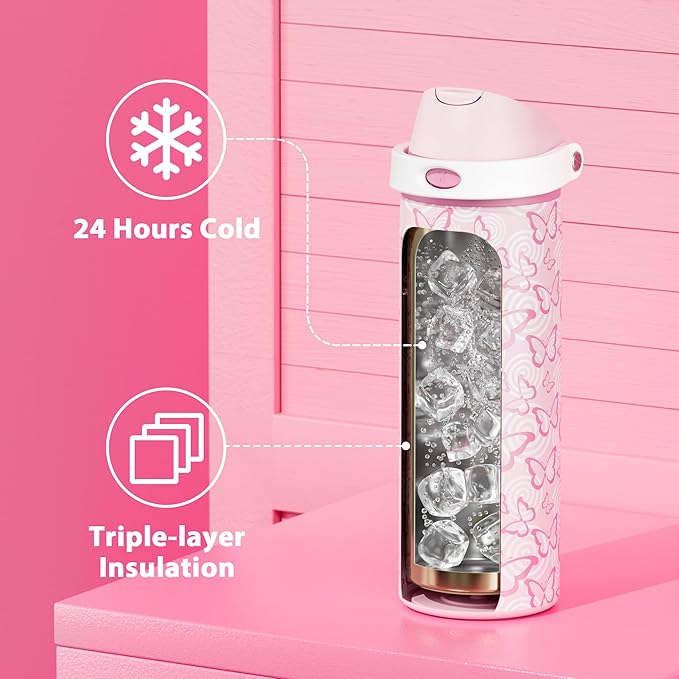 24 oz Insulated Water Bottle with Straw: Meoky Stainless Steel Metal Water Bottle with 2-in-1 Lid - Leak Proof, Cold for 24 Hours, Protective Silicone Base, BPA-Free for Sports Travel Car, Butterfly
