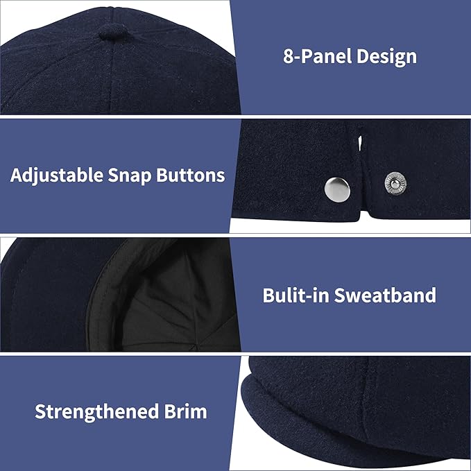 Men's Wool Blend Newsboy Cap Adjustable Gatsby Ivy Newsies Cabbie Hat Classic 8 Panel Tweed Flat Winter Hat
