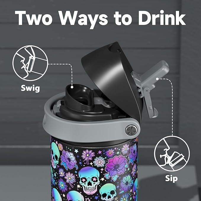 24 oz Insulated Water Bottle with Straw: Meoky Stainless Steel Water Bottle with 2-in-1 Straw and Spout Lid - Leak Proof, Fits in Car Cup Holder, BPA-Free for Travel Gym, Spooky Petals