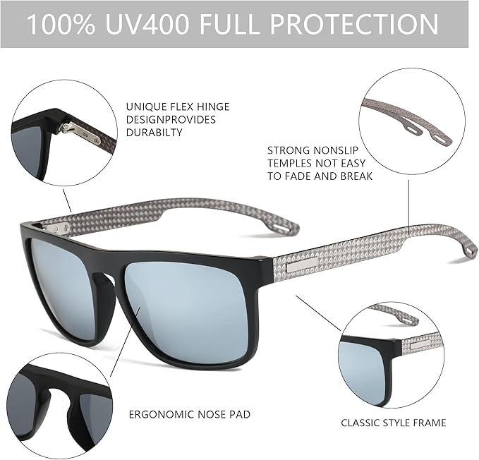 ZENOTTIC Polarized Sunglasses Men Square: Unbreakable TR90 Frame Carbon Fiber Temple UV400 Protection Sun Glasses for Driving