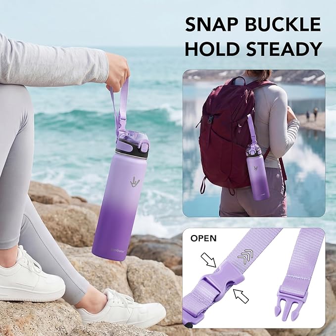 Enerbone 32 oz Insulated Water Bottle, 32oz 2 Lids (with Straw/No Straw), Stainless Steel Double Wall Flask for Hot & Cold Drinks, Leakproof Travel Bottle for Gym, Office, Hiking