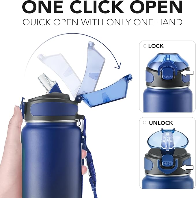 Enerbone 32 oz Insulated Water Bottle, Stainless Steel Bottle with Carrying Strap, Double-Wall Vacuum Insulation Design, Leakproof Sports Bottle with Straw, Keep Drinks Cold or Hot for Hours