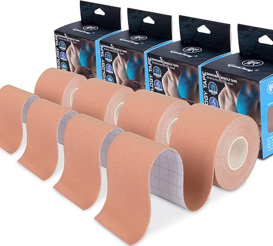 4 Pack Kinesiology Tape for Sports Athletes - 16 FT Waterproof Athletic Tape for The Knee, Elbow and Shoulder Muscles, etc. (Beige)