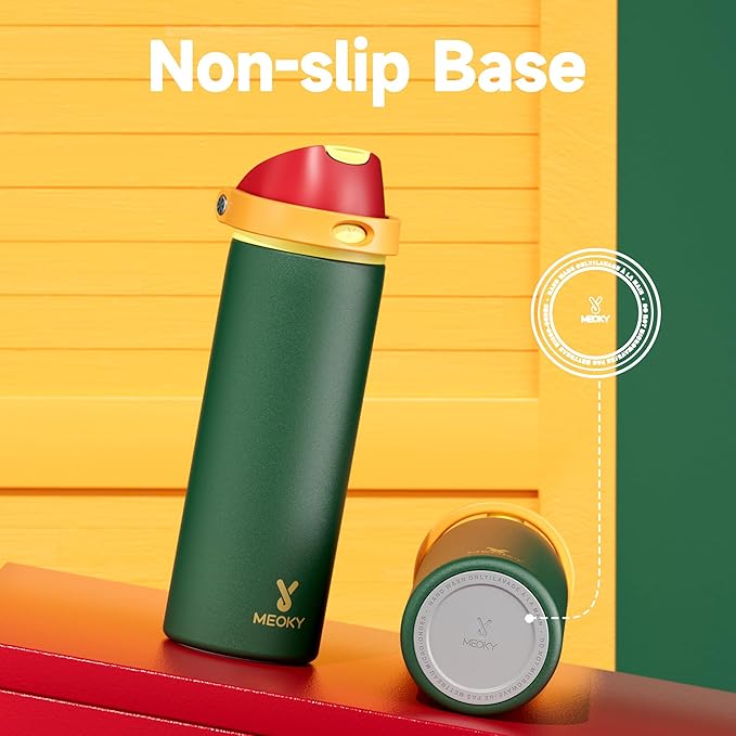 24 oz Insulated Water Bottle with Straw: Meoky Stainless Steel Metal Water Bottle with 2-in-1 Lid - Leak Proof, Cold for 24 Hours, Protective Silicone Base, BPA-Free for Sports Travel Car, Evergreen