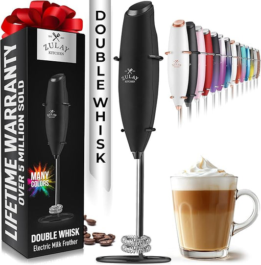 Zulay Kitchen Powerful Double Whisk Milk Frother Handheld - Foam Maker With Stand - Whisk Drink Mixer for Coffee, Mini Foamer for Latte, Matcha, Frappe, Hot Chocolate & Cappuccino (Exec Black)