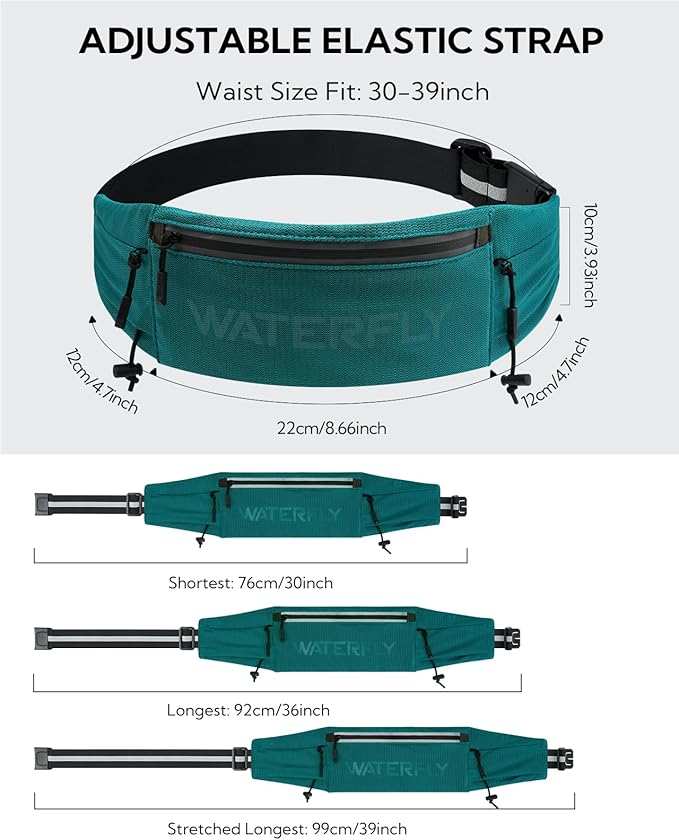 WATERFLY Running Belt Fanny Pack: Breathable 3 Pocket Waist Bag for Men Women Workout Exercise Fitness Phone Holder Fits All Phones - Runner Marathon Jogging Race Belt with Bib Clip Green