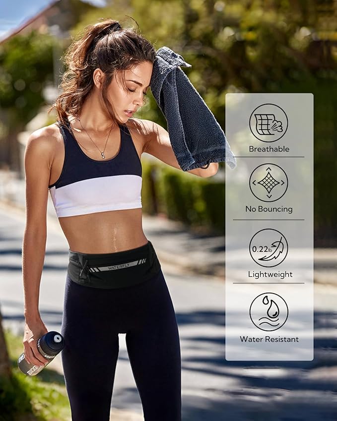WATERFLY Running Belt Fanny Pack: Slim Breathable 4 Pocket Waist Bag for Men Women Sport Workout Exercise Fitness Phone Holder - Runner Marathon Jogging Waistband Fits ALL Phones Black