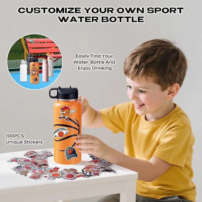 Basketball Water Bottles for Boys 32 oz and 100 PCS Basketball Stickers Sports Insulated Stainless Steel Water Bottle Basketballs Accessories Stuff Gear Gifts For 8-12 12-14 Player