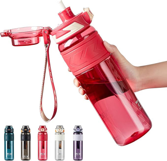 TKK Sports Water Bottles with Removable Straw 34 oz Leak-proof Flip Top Lid BPA Free Tritan Bottles with Strap for School, Fitness, Gym, Outdoor, Red