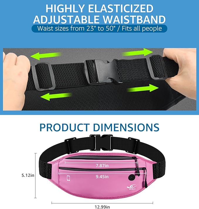HiRui Slim Fanny Pack for Men Women, Adjustable Exercise Waist Pack Reflective Running Belt for Sports Workout Cycling Hiking, Casual Hands-Free Wallets Phone Bag Fits All Phones (Pink)