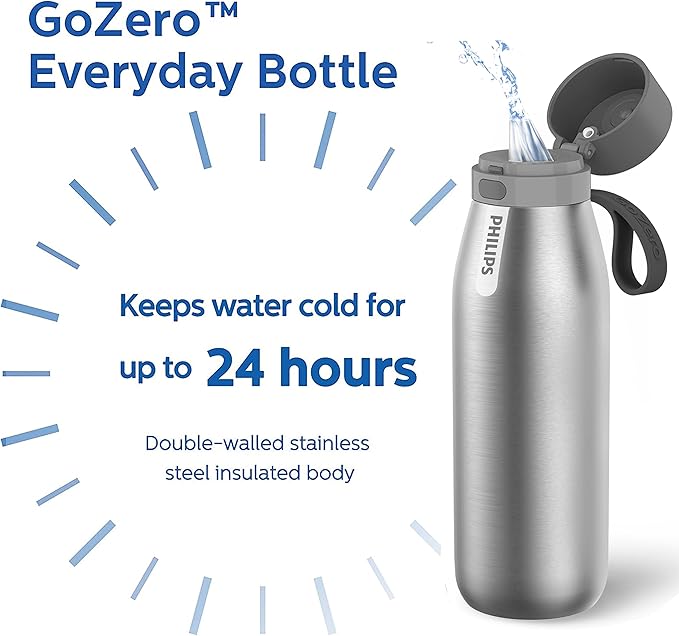 PHILIPS Water Bottle with Filter, Filter Water Bottle Stainless Steel with GoZero Everyday BPA-Free Tap Water Filter, Water Filter Bottle Keep Drink Cold 24 Hours, 1 Filter for 40 gal / 2 Months
