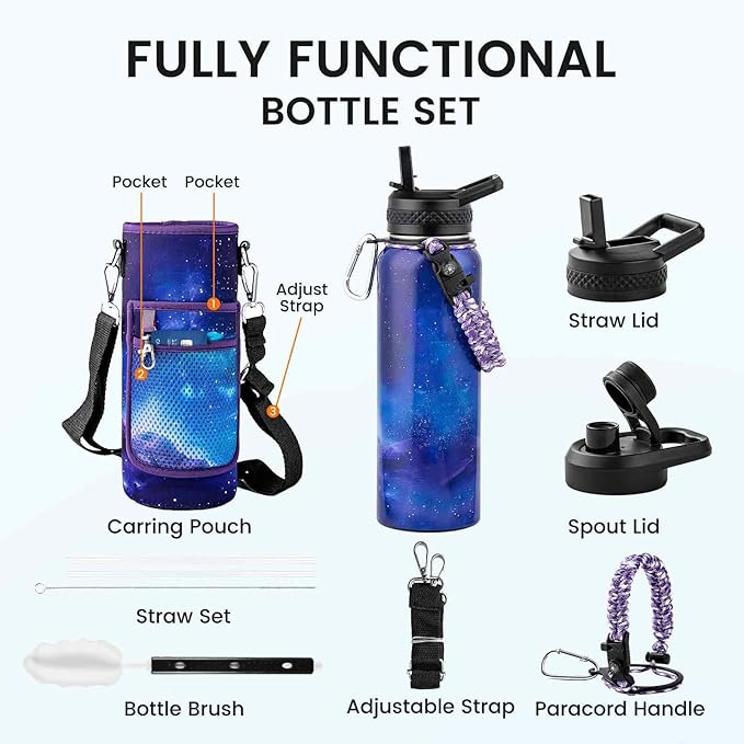 40oz Insulated Water Bottle, Triple Wall Vacuum Stainless Steel Water Bottles - Keeps Cold 48H, Reusable Metal water flask Jug for Gym, Sports, Camping, Hiking,Travel, Aurora-Purple