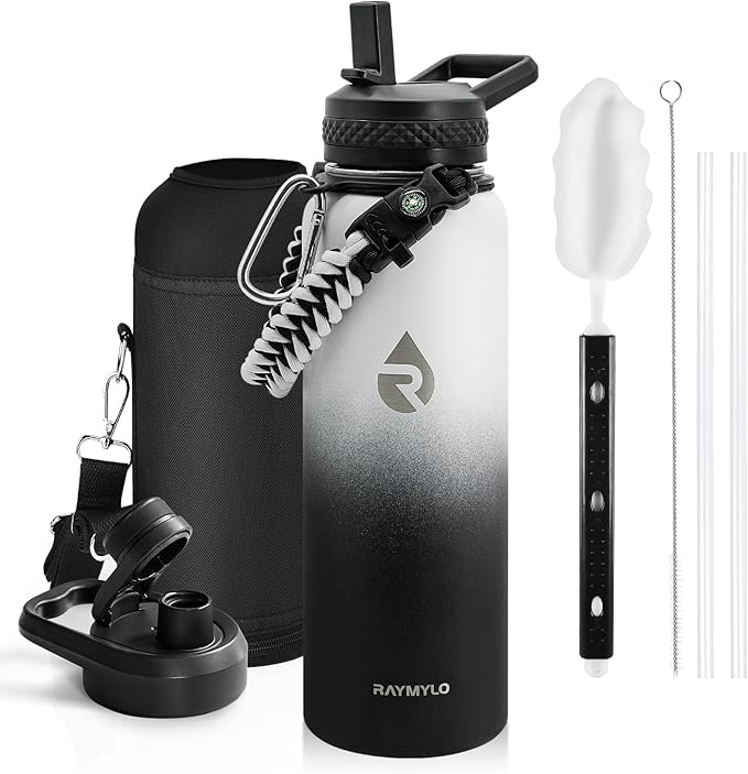 Insulated Water Bottle 40 oz, Triple Wall Vacuum Stainless Steel (Cold for 48 Hrs), Leak Proof & Non-BPA, Modern Water Flask Jug with Paracord Handle & Straw Spout Lids, Ombre: White/Black