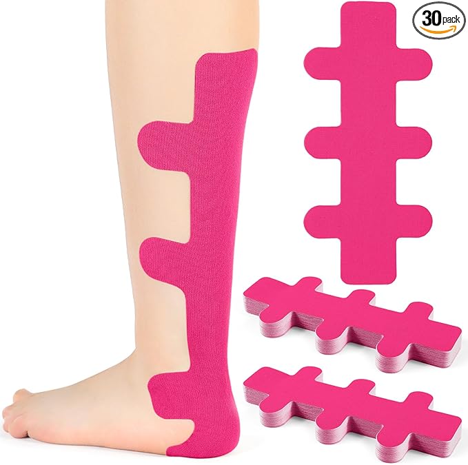 30 Pcs Achilles Tendonitis Kinesiology Tape Precut Achilles Tendon Ankle Tape Latex Free for Sprained Ankle Relief Muscle Support Foot Pain Athletic Sport (Hot Pink)