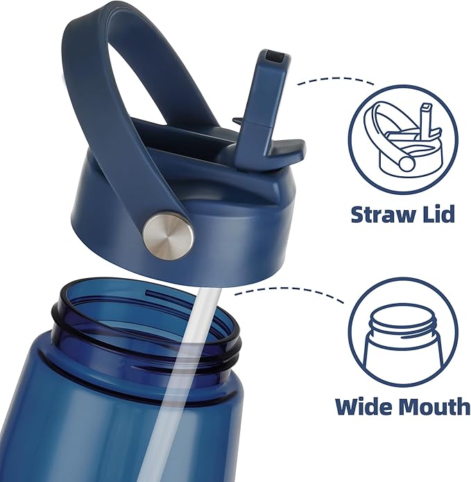 OLDLEY 32 oz Water Bottle with Straw, Leakproof Sports Water Bottle with Carry Strap, BPA-Free Large Water Bottles for Home,Travel, School, Outdoors, Gym, Tritan, Navy Blue