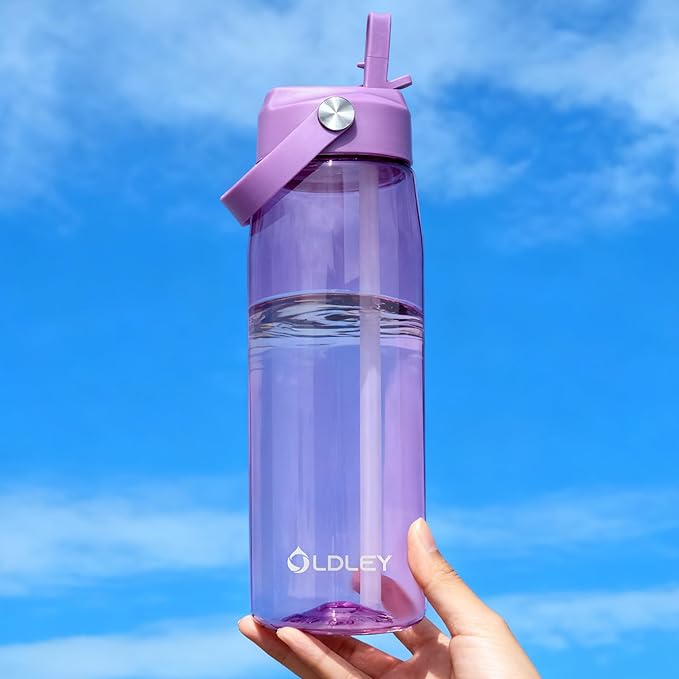 OLDLEY 32 oz Water Bottle with Straw, Leakproof Sports Water Bottle with Carry Strap, BPA-Free Large Water Bottles for Home,Travel, School, Outdoors, Gym, Tritan,Dark Purple