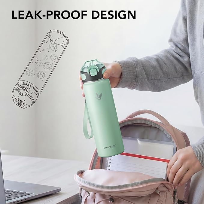 Enerbone 24 oz Insulated Water Bottle, 24oz 2 Lids (with Straw/No Straw), Stainless Steel Double Wall Flask for Hot & Cold Drinks, Leakproof Travel Bottle for Gym, Office, Hiking