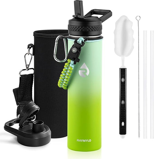 Insulated Water Bottle 24oz, Triple Wall Vacuum Stainless Steel (Cold for 48 Hrs, Hot for 24Hrs), Leak Proof & Non-BPA, 24oz Hydro Water Flask with Paracord Handle & Straw Spout Lids