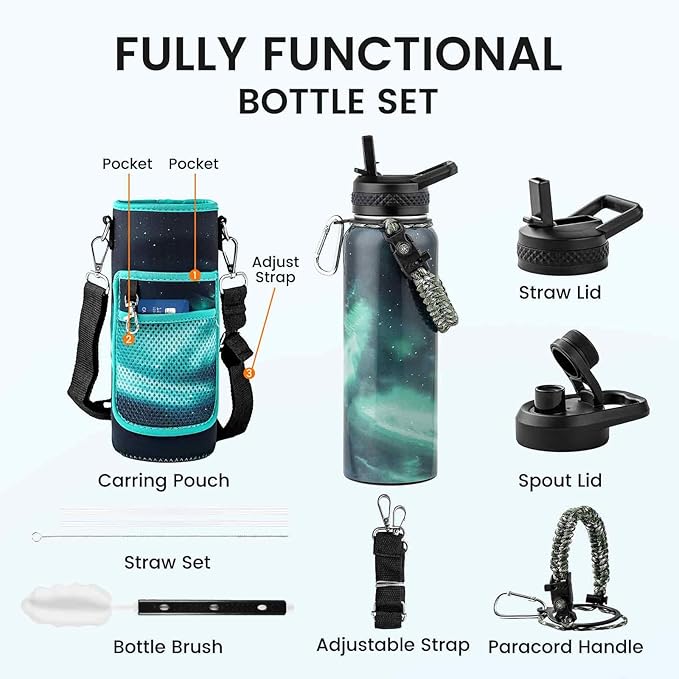 32oz Insulated Water Bottle, Triple Wall Vacuum Stainless Steel Water Bottles - Keeps Cold 48H, Reusable Metal water flask Jug for Gym, Sports, Camping, Hiking,Travel, Aurora-Green