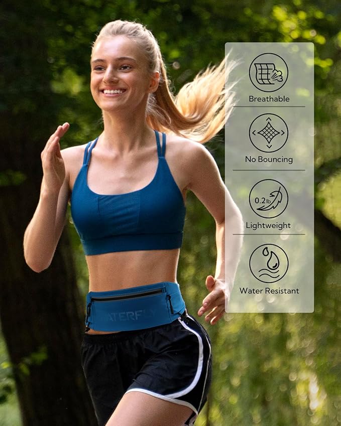 WATERFLY Running Belt Fanny Pack: Breathable 3 Pocket Waist Bag for Men Women Workout Exercise Fitness Phone Holder Fits All Phones - Runner Marathon Jogging Race Belt with Bib Clip Blue