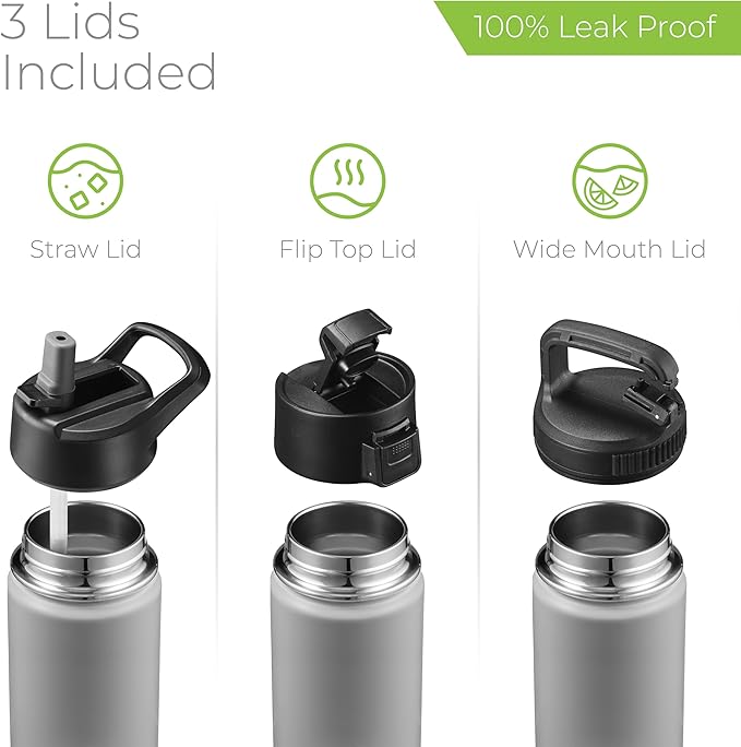 SipX™ 18 oz Insulated Water Bottle with 3 Lids – Leakproof Stainless Steel, Triple Insulated – Cold 24 Hours/Hot 12 Hours – Durable Bottle for School, Gym, Travel – Grey