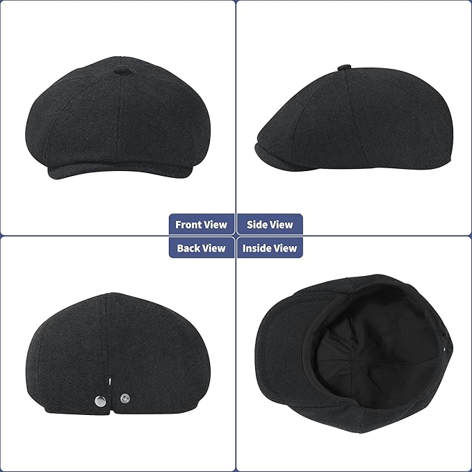 Men's Wool Blend Newsboy Cap Adjustable Gatsby Ivy Newsies Cabbie Hat Classic 8 Panel Tweed Flat Winter Hat