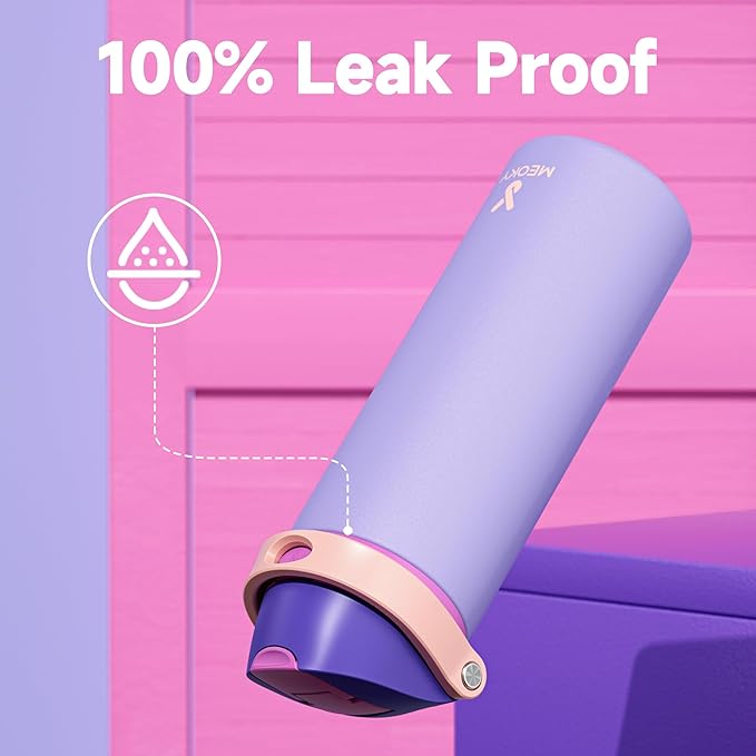 24 oz Insulated Water Bottle for Women: Meoky Stainless Steel Metal Water Bottle with 2-in-1 Straw and Spout Lid - Leak Proof, Cold for 24 Hours, Protective Silicone Base, BPA-Free for School, Orchid