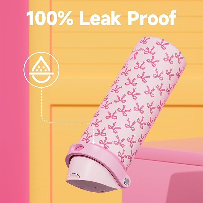 24 oz Insulated Water Bottle for Women: Meoky Stainless Steel Metal Water Bottle with 2-in-1 Straw and Spout Lid - Leak Proof, Cold for 24 Hours, Protective Silicone Base, BPA-Free for School, Bow